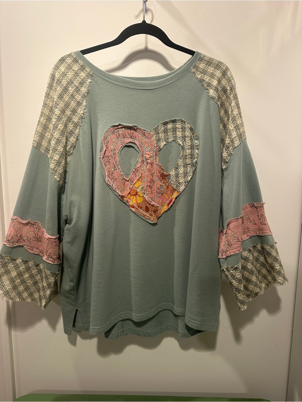 easel Sage Green Patchwork Heart Pullover with Pink Accents - Large (oversized) - Picture 2 of 9